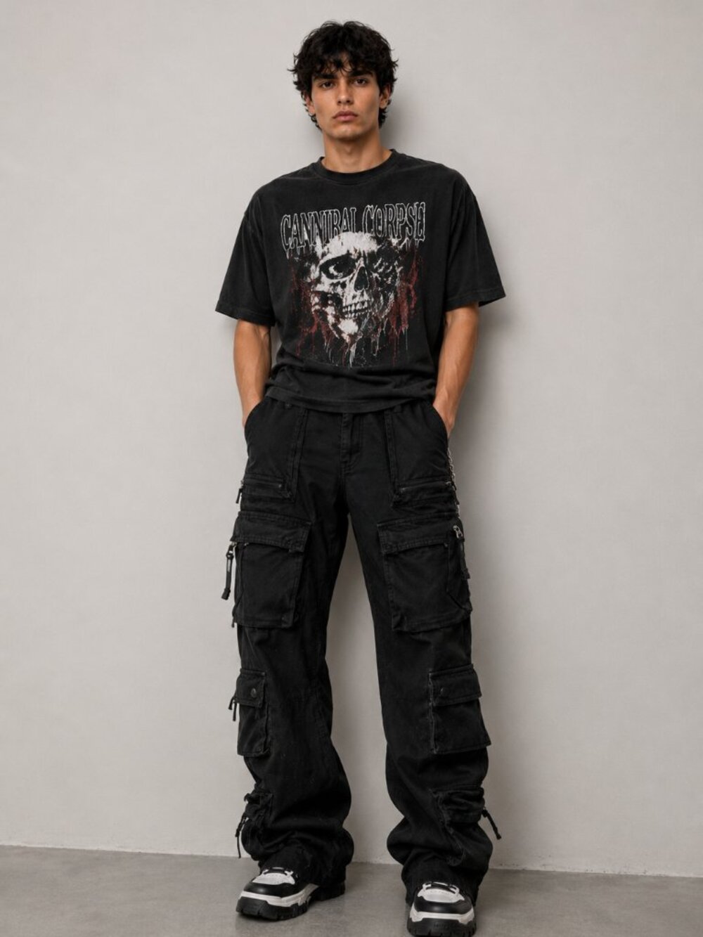 ZARA Black Denim Cargo Pants Mens Size 29x32 Relaxed Fit Multi Pocket Streetwear